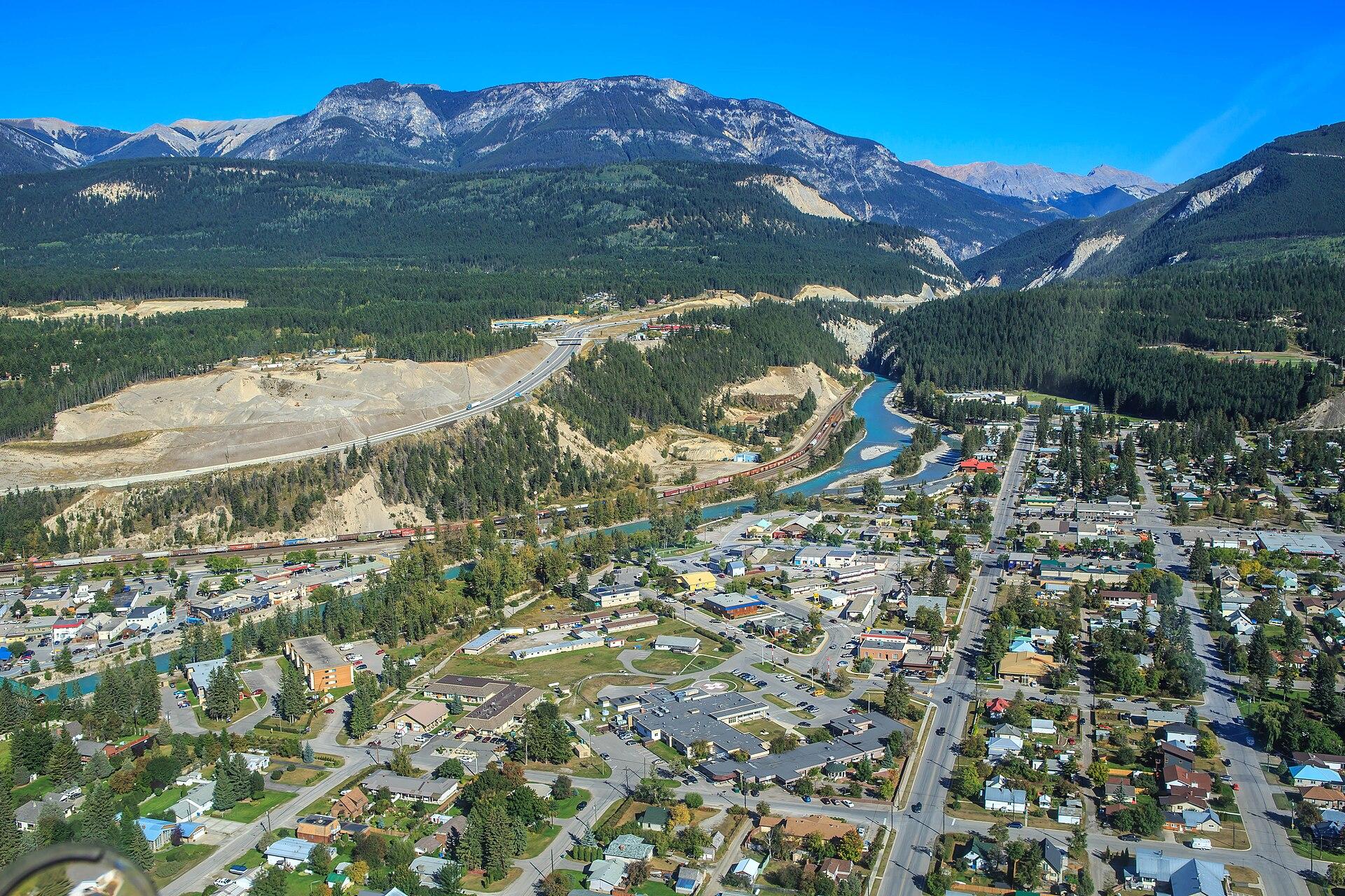 Aerial view of Golden, British Columbia and the Kicking Horse River