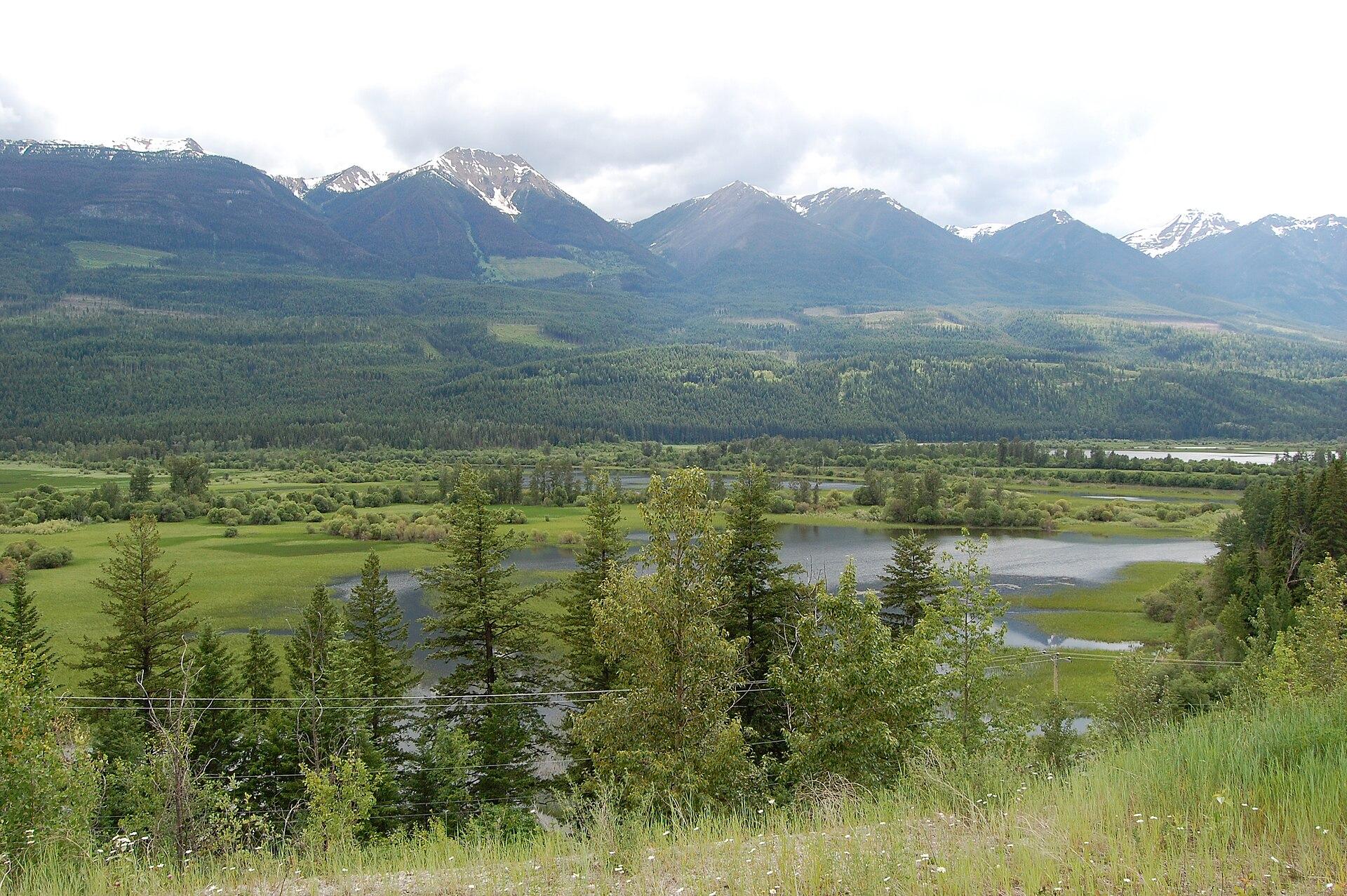 Columbia Wetlands and mountain ranges south of Golden, British Columbia