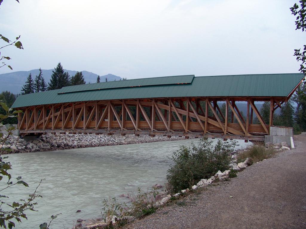 Kicking Horse Pedestrian Bridge crossing the river in downtown Golden, BC