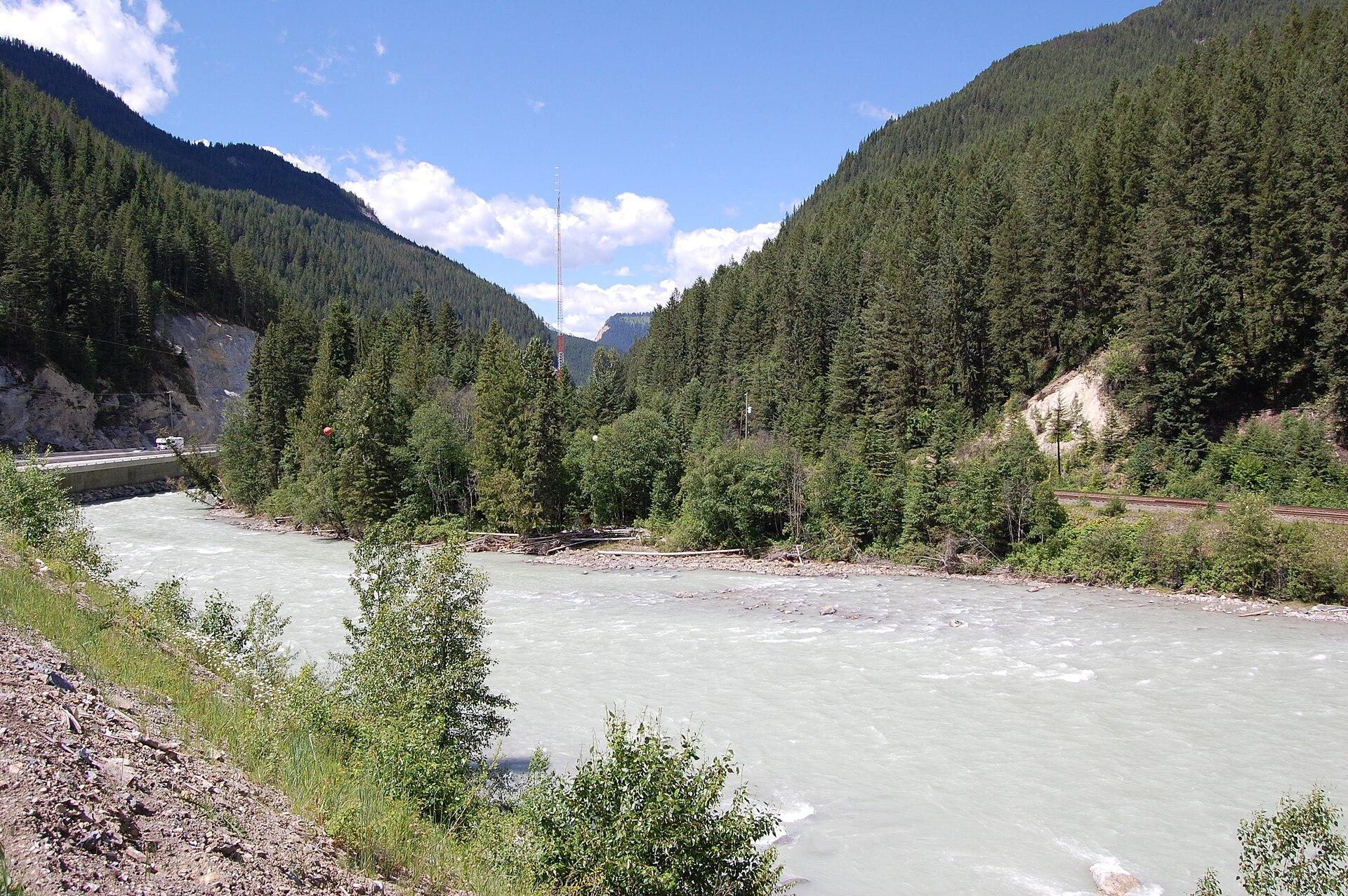 Kicking Horse River flowing through forested mountains near Golden, BC